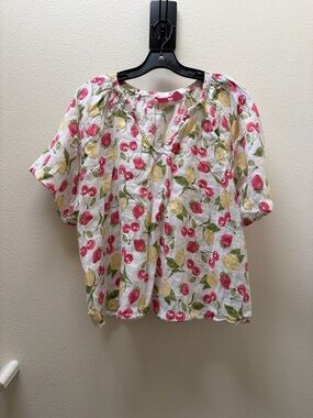 Isaac Mizrahi 100% Linen Summer Top Strawberry Cherry Lemon Fruit 2X